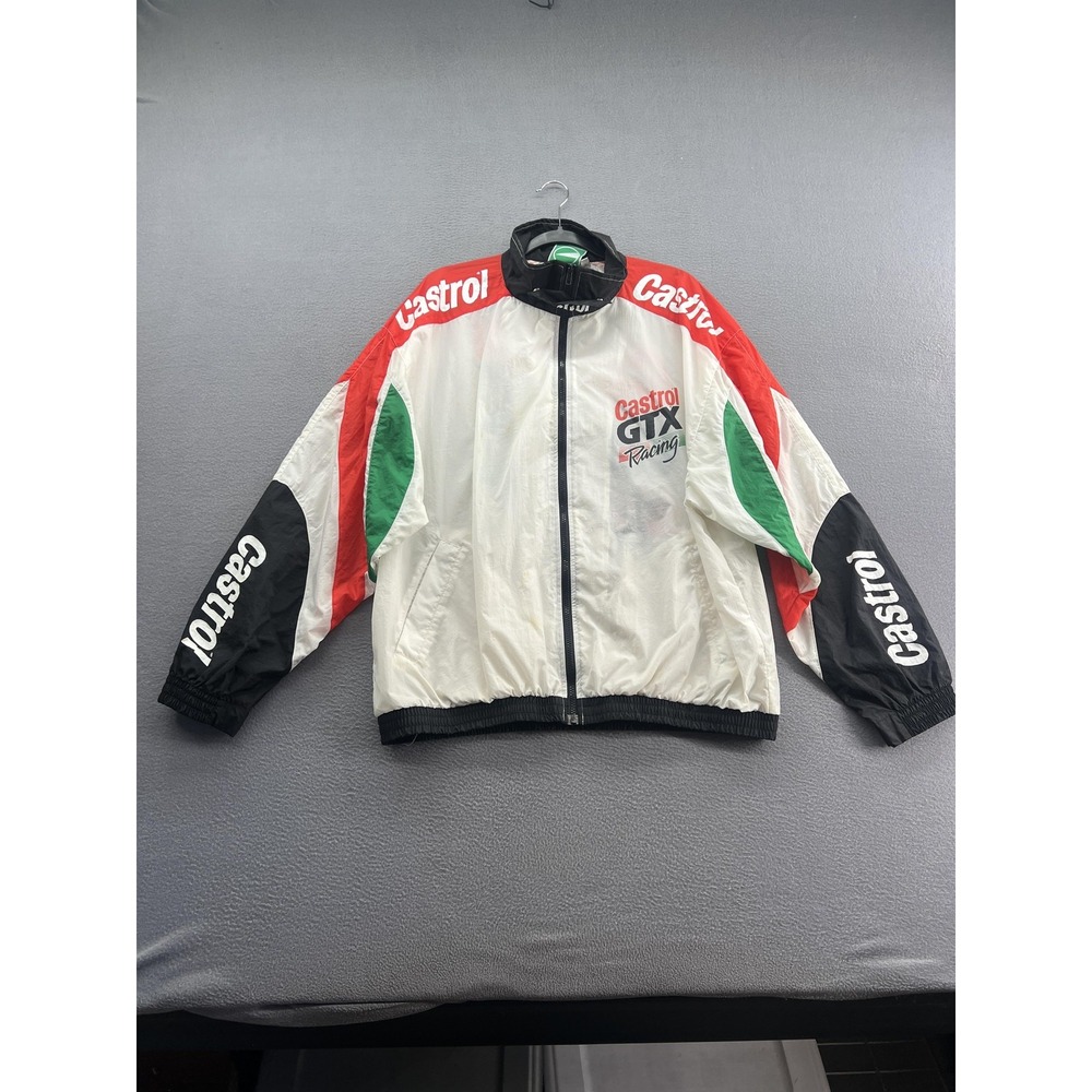 Castrol GTX Racing Jacket Mens XL White Windbreaker Full Zip Nylon Tricolor